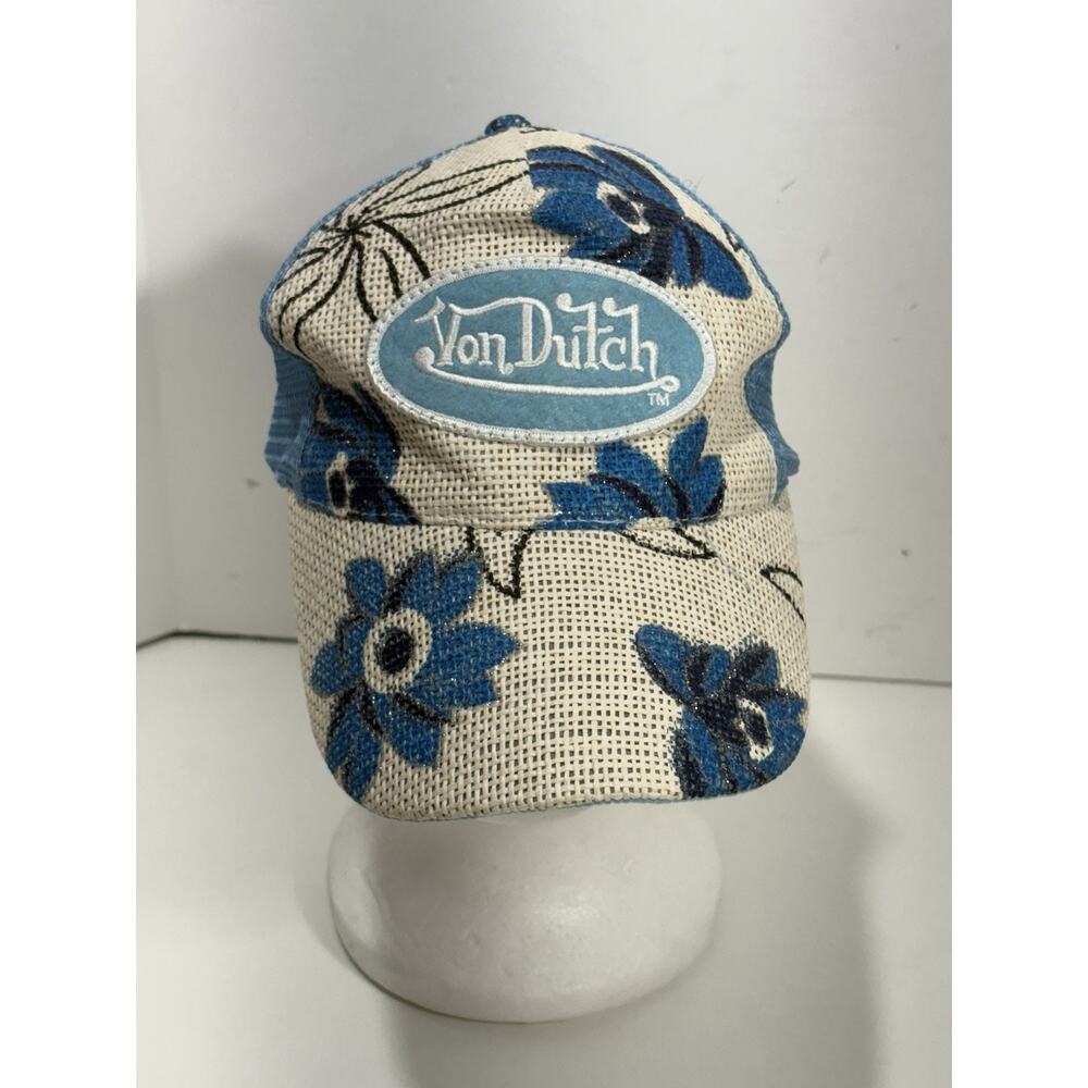 Von Dutch Floral Blue White Mesh Trucker Hat Adjustable Snapback Mesh Y2K RARE